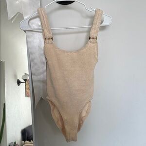 Hunza G Domino embellished seersucker swimsuit